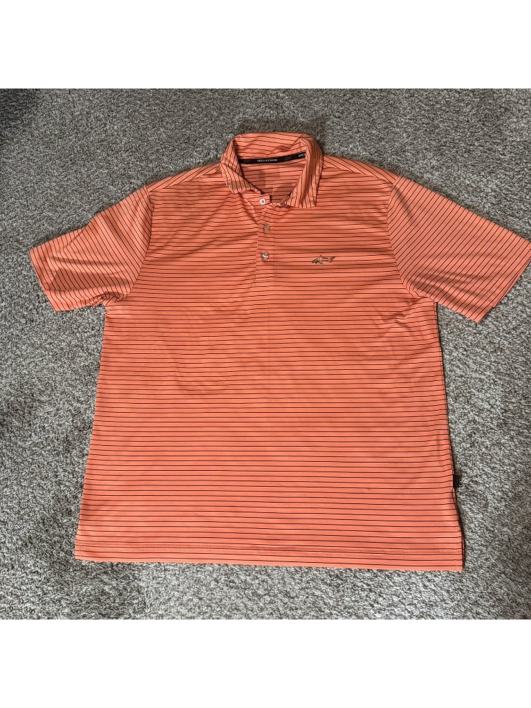 Greg Norman Polo Shirt Men's Size L Orange Striped Performance Golf Casual